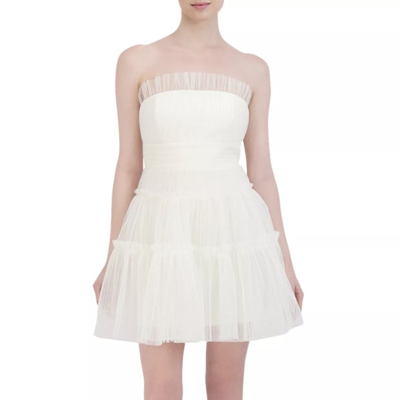 White Strapless Tiered Tulle Mini Dress - Picture 1 of 3